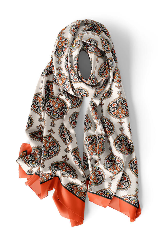 Orange Hatai Pattern Narrow Silk Foulard - 4