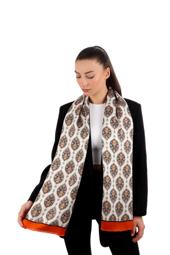 Orange Hatai Pattern Narrow Silk Foulard 