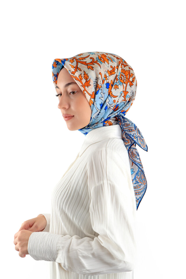 Orange Shawl Pattern Voile Silk Square Scarf - Bursa İpek