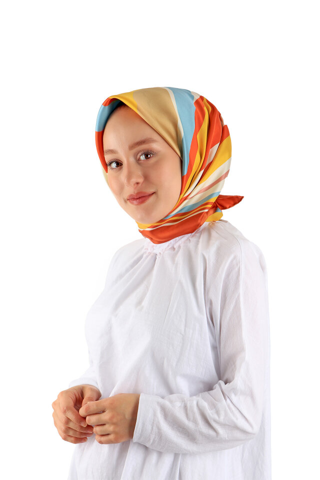 Orange Wave Pattern Twill Silk Square Scarf 