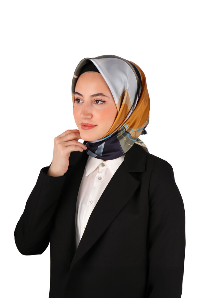 Navy Blue Orchid Pattern Twill Silk Scarf - Bursa İpek