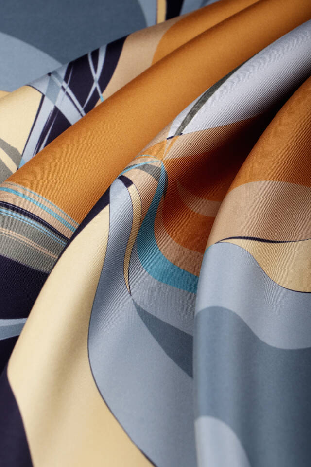 Lacivert Orkide Desen Twill İpek Eşarp - 3