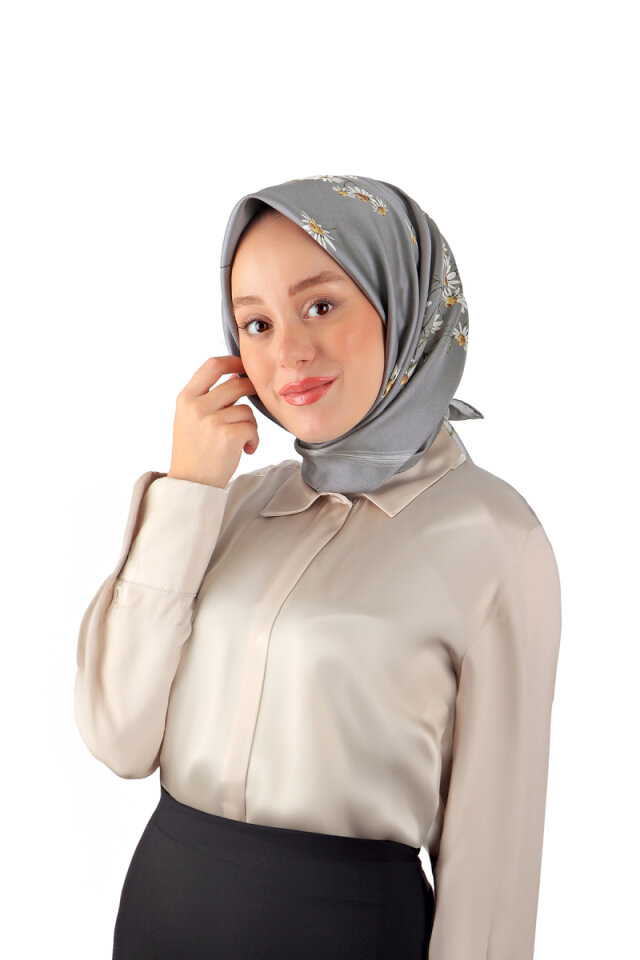 Gri Papatya Desen Twill İpek Eşarp - 2
