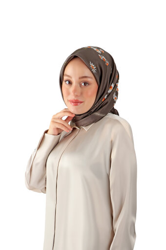 Kahverengi Papatya Desen Twill İpek Eşarp 