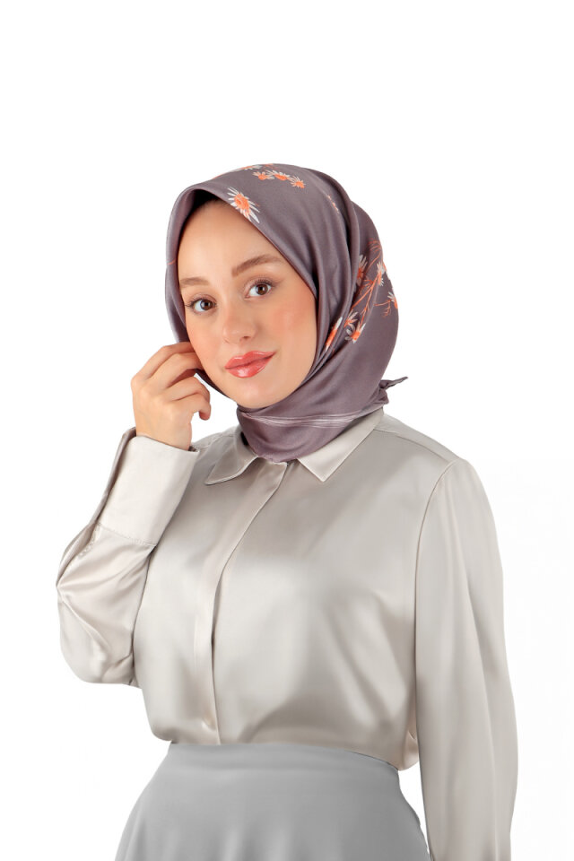 Koyu Lila Papatya Desen Twill İpek Eşarp 