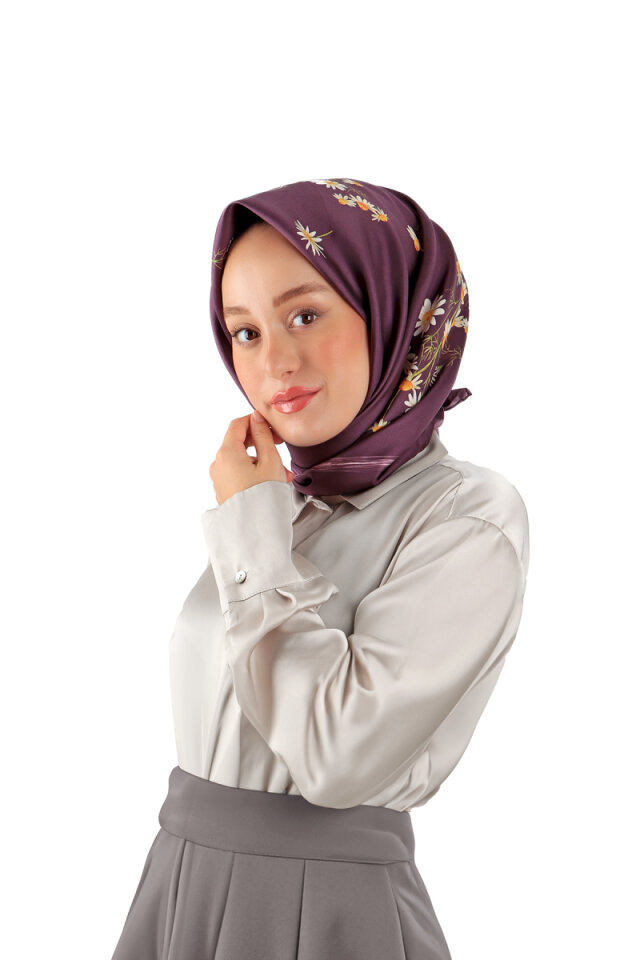 Mor Papatya Desen Twill İpek Eşarp - 2