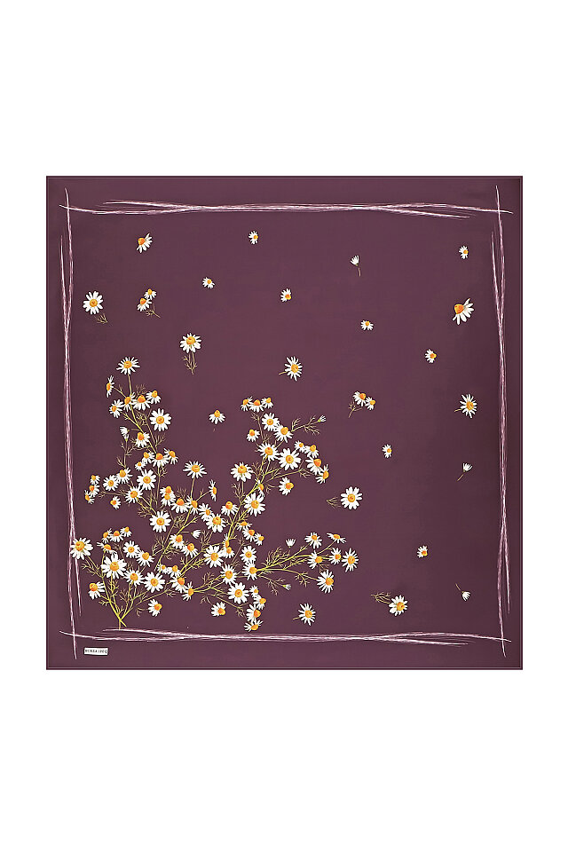 Mor Papatya Desen Twill İpek Eşarp - 1