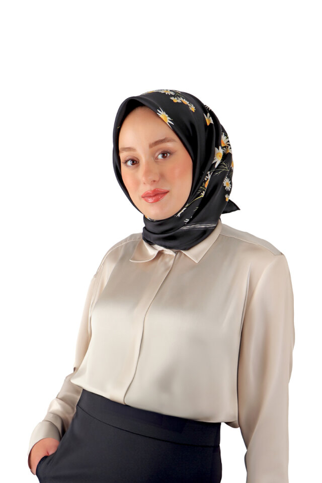 أسود ديزي نمط حك الحرير وشاح 