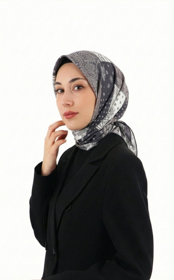 Antrasit Patchwork Desen Twill İpek Eşarp 