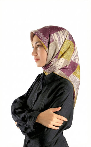 Asit Yeşil Patchwork Desen Twill İpek Eşarp 