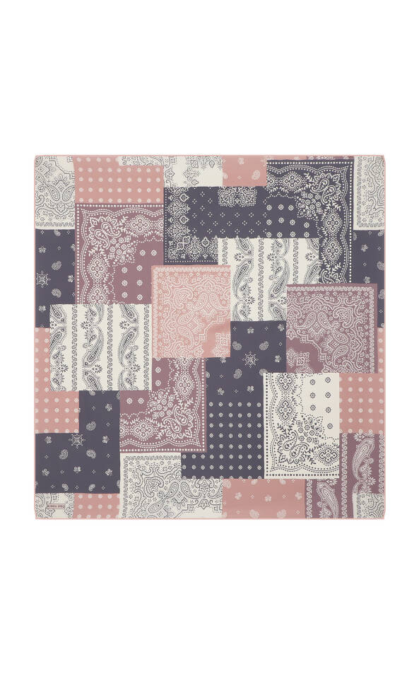 Pembe Patchwork Desen Twill İpek Eşarp - 2