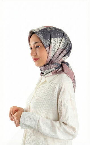 Pembe Patchwork Desen Twill İpek Eşarp 