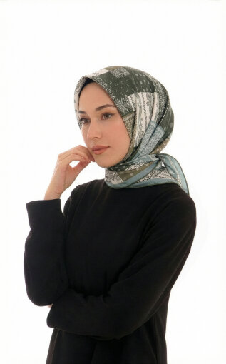 Yeşil Patchwork Desen Twill İpek Eşarp 