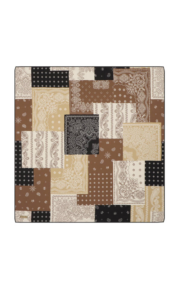 Tan Patchwork Pattern Twill Silk Scarf - 2