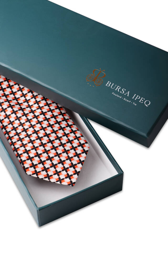 Orange Patterned Silk Tie - 4