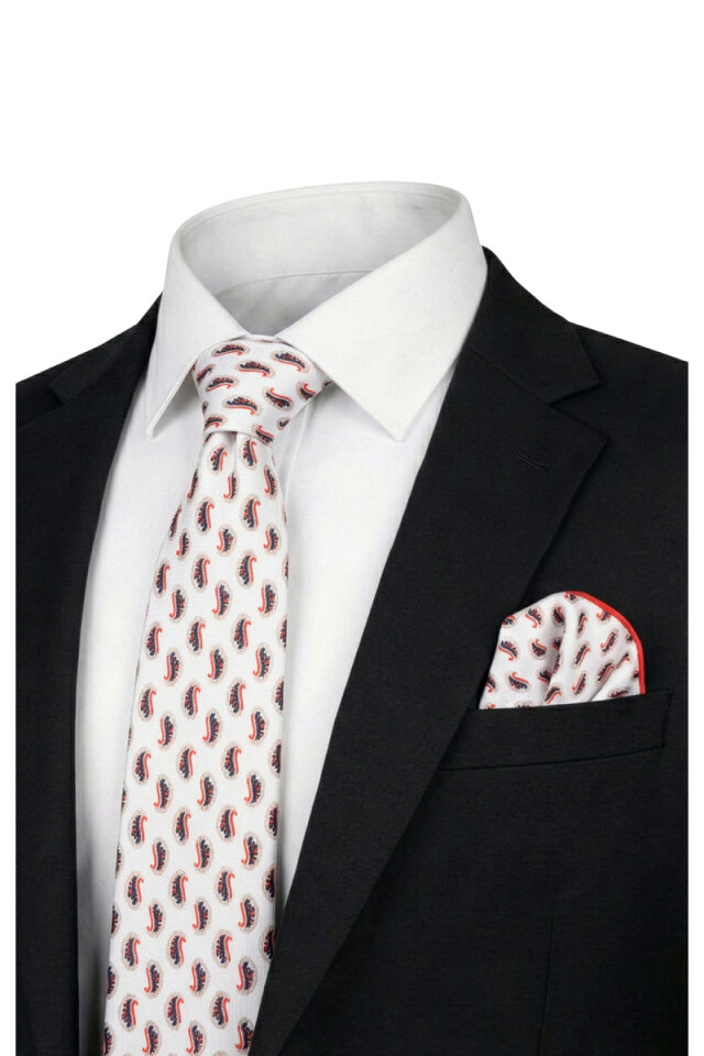 Beige Patterned Silk Tie Set - 1
