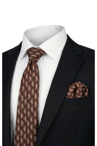 Brown Patterned Silk Tie Set 