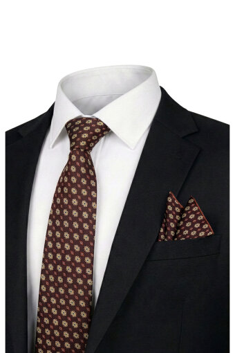 Brown Patterned Silk Tie Set 