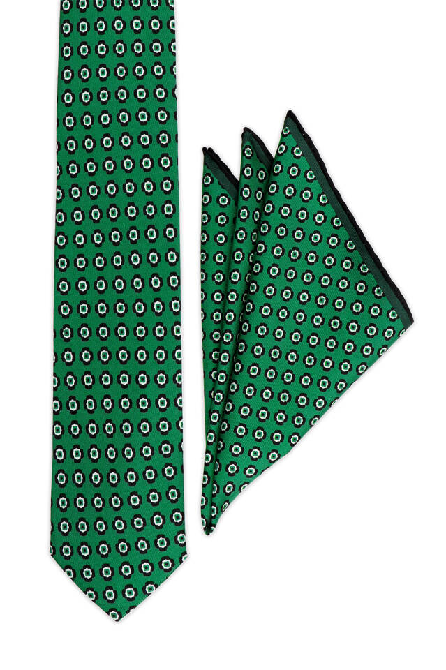Green Patterned Silk Tie Set - 2