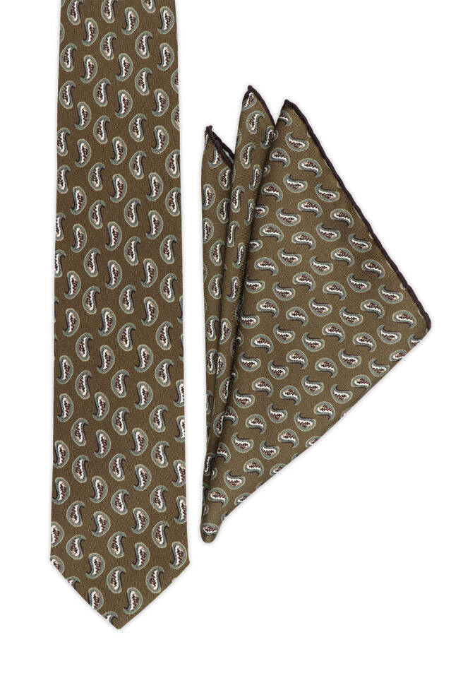 Khaki Patterned Silk Tie Set - 2