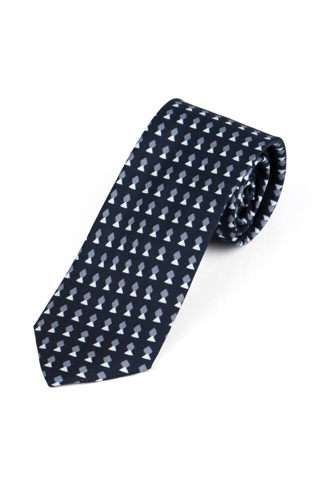 Navy Blue Patterned Silk Tie Set - 3