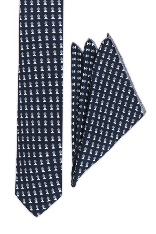 Navy Blue Patterned Silk Tie Set - 2