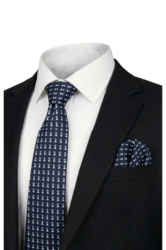 Navy Blue Patterned Silk Tie Set - 1
