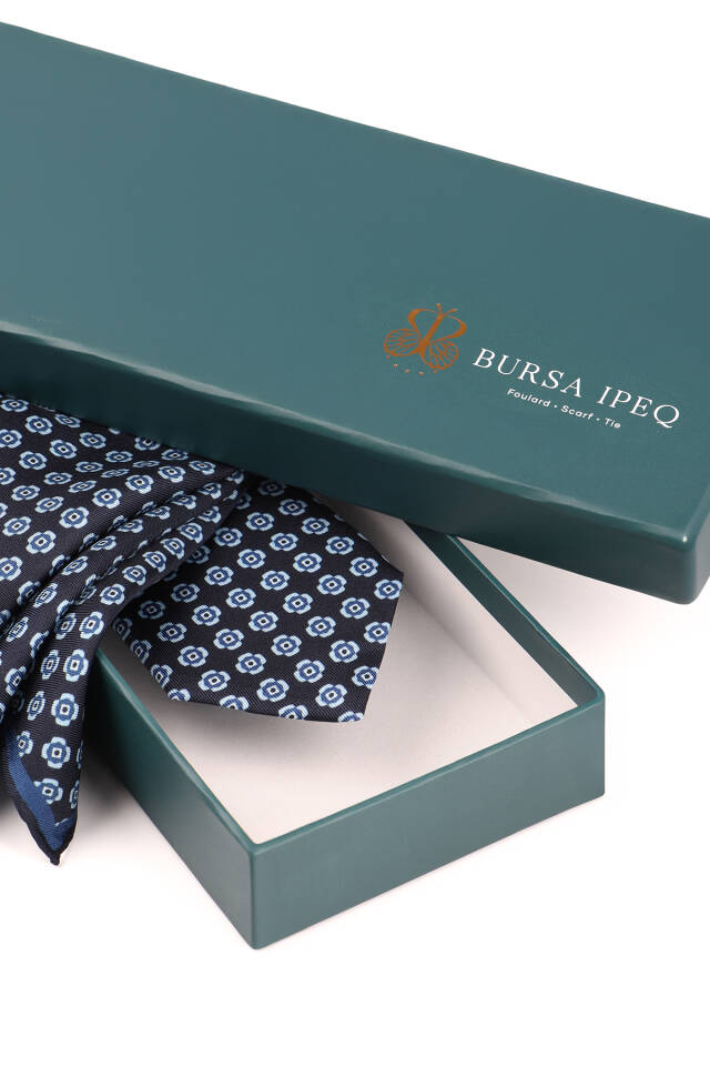 Navy Blue Patterned Silk Tie Set - 4