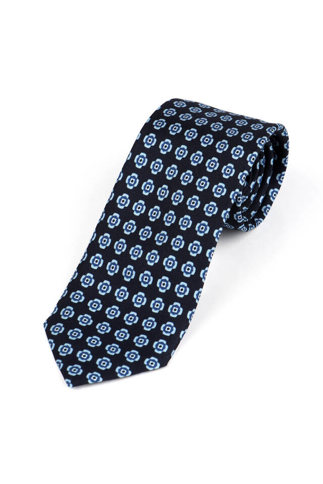 Navy Blue Patterned Silk Tie Set - 3