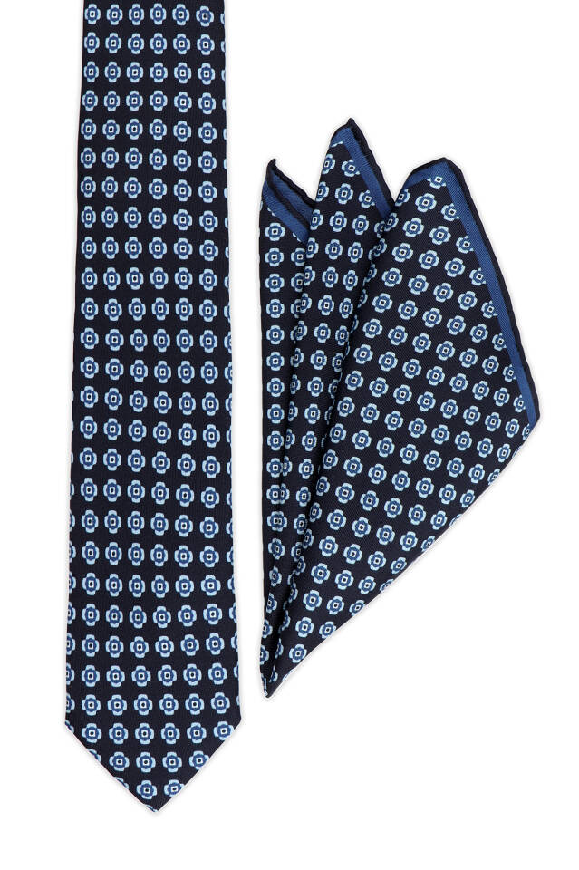 Navy Blue Patterned Silk Tie Set - 2