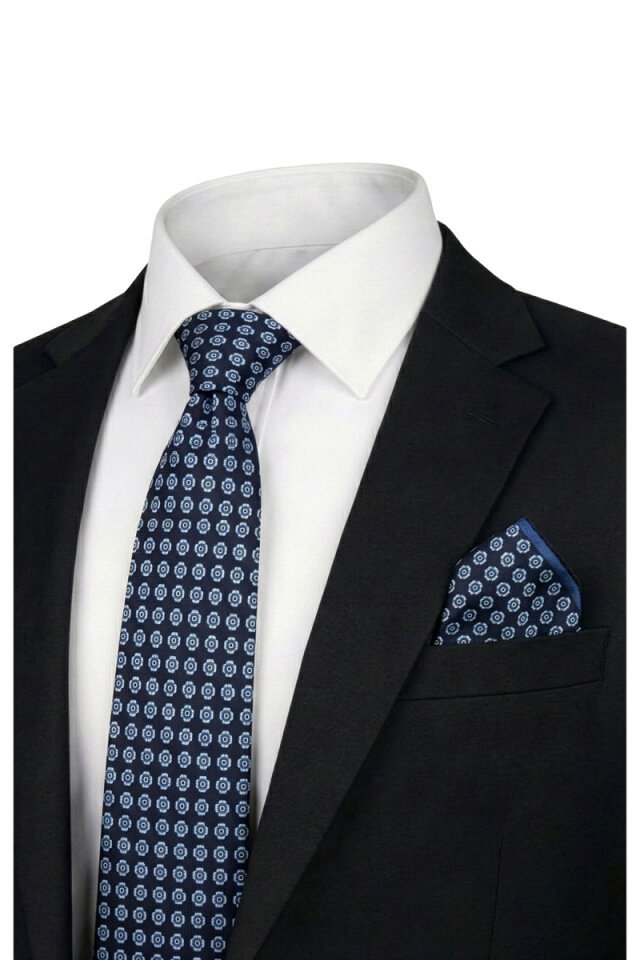 Navy Blue Patterned Silk Tie Set - 1