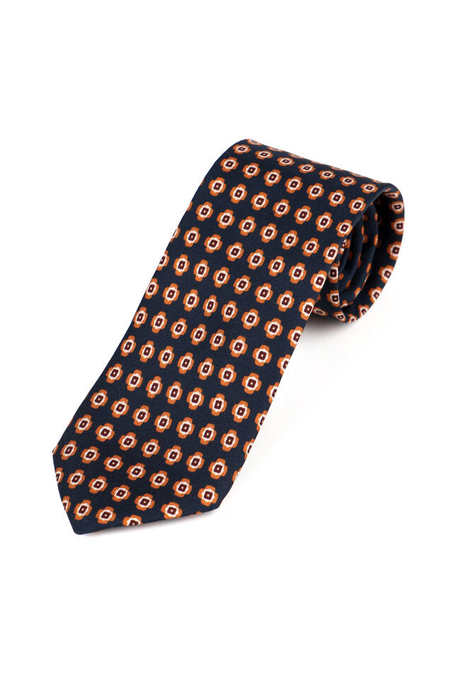 Navy Blue Patterned Silk Tie Set - 3