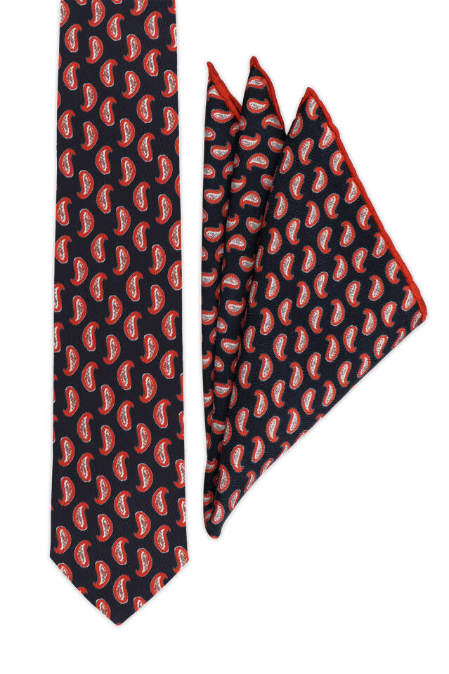 Navy Blue Patterned Silk Tie Set - 2