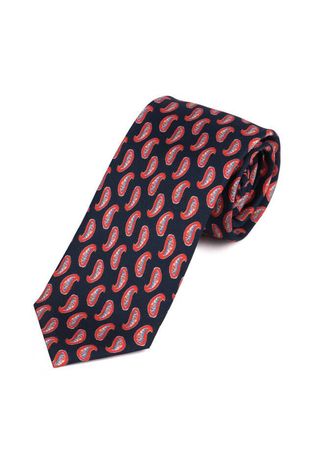 Navy Blue Patterned Silk Tie Set - 3