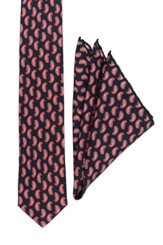 Navy Blue Patterned Silk Tie Set - 2
