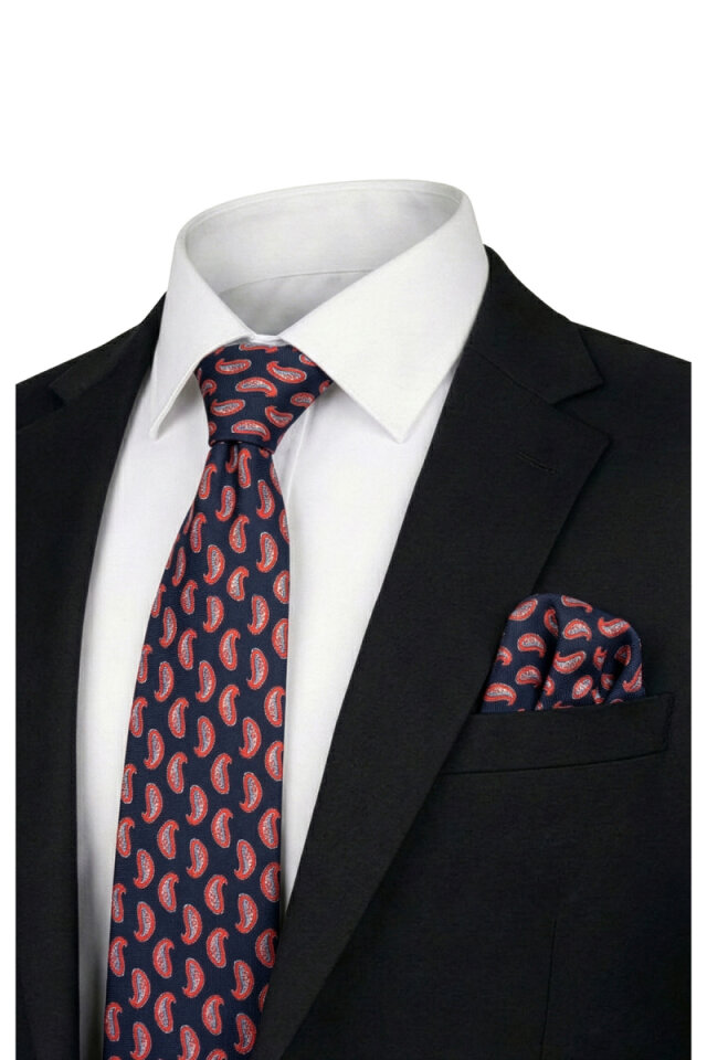 Navy Blue Patterned Silk Tie Set - Bursa İpek