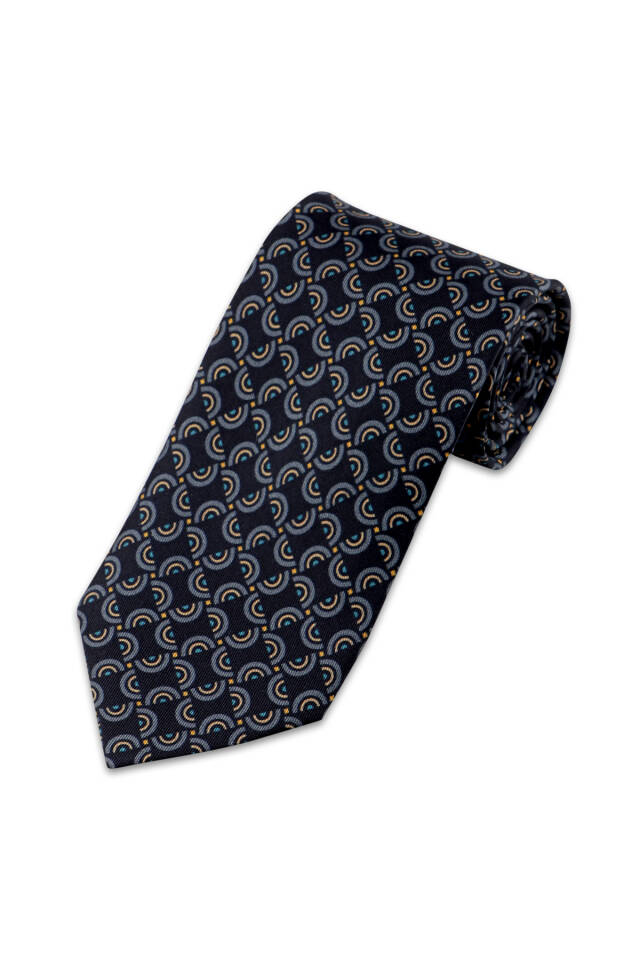 Navy Blue Patterned Silk Tie Set - 3