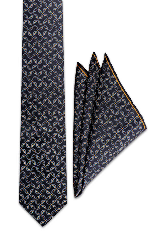Navy Blue Patterned Silk Tie Set - 2