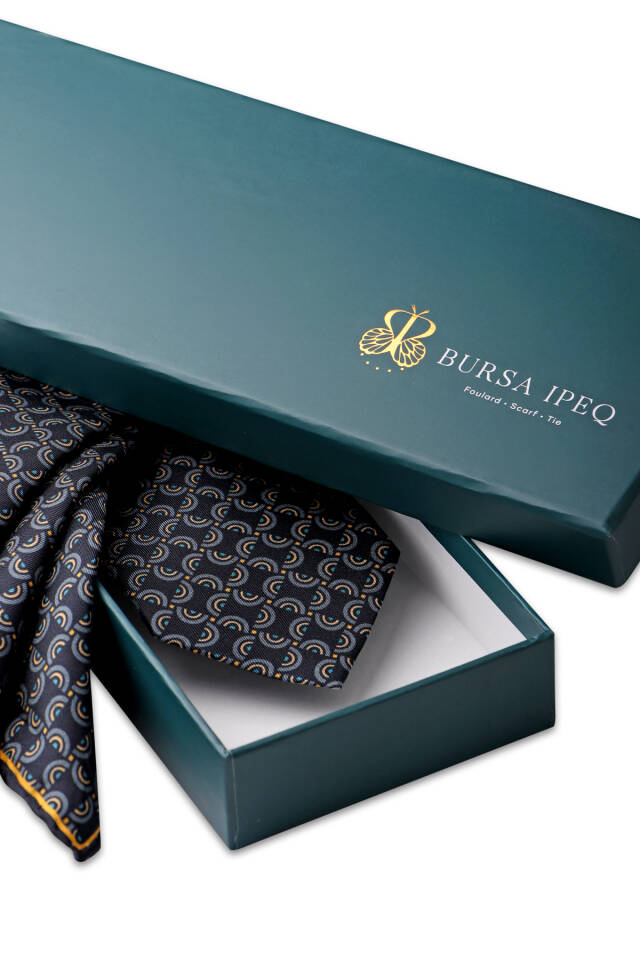Navy Blue Patterned Silk Tie Set - 4
