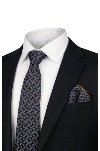 Navy Blue Patterned Silk Tie Set 