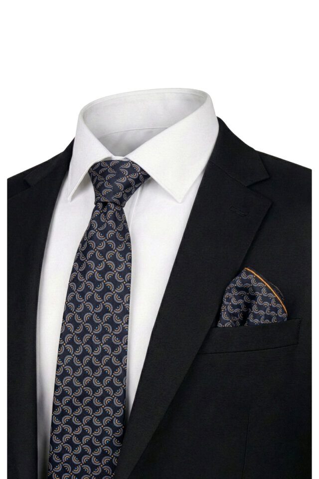 Navy Blue Patterned Silk Tie Set 