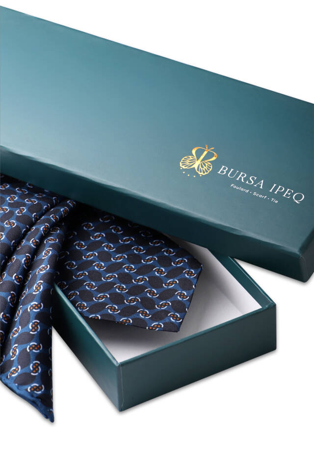 Petrol Blue Patterned Silk Tie Set - 3