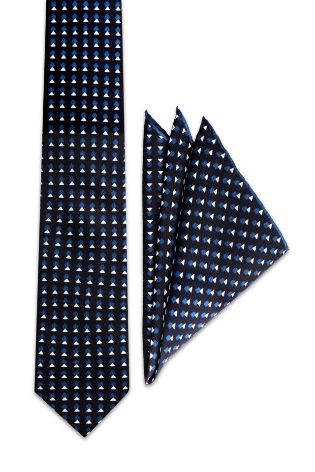 Petrol Blue Patterned Silk Tie Set - 2
