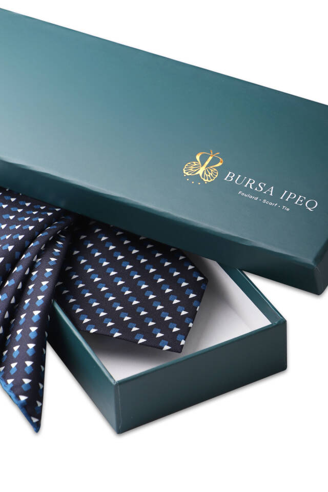 Petrol Blue Patterned Silk Tie Set - 4