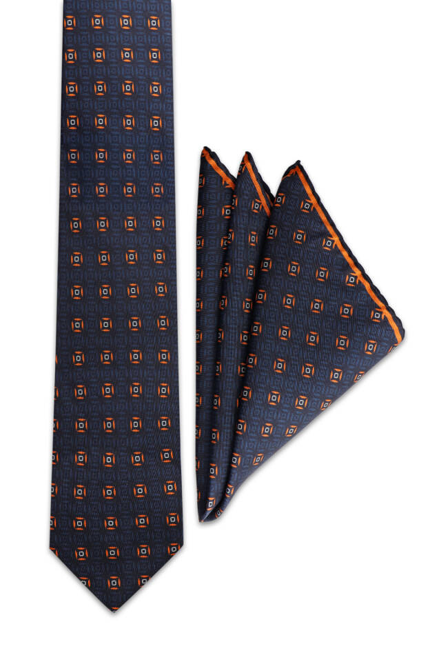 Orange Patterned Silk Tie Set - 2