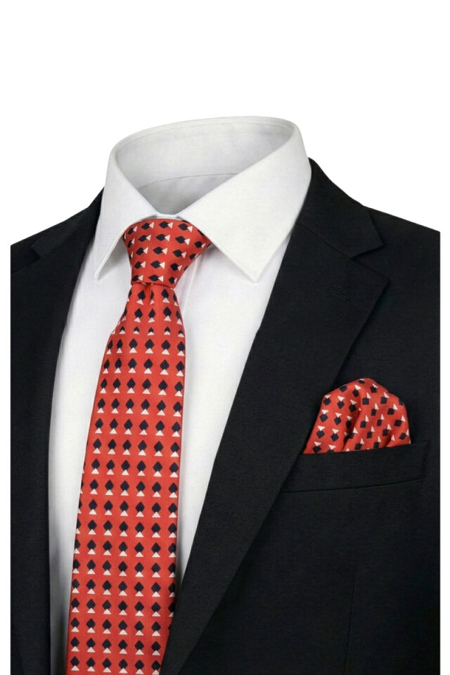 Red Patterned Silk Tie Set - 1