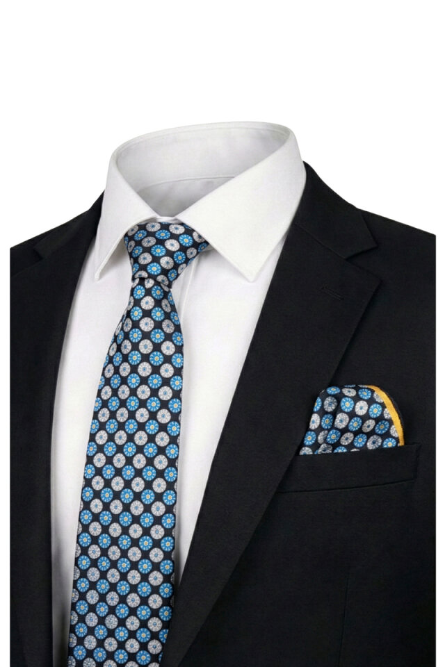 Turquoise Patterned Silk Tie Set 