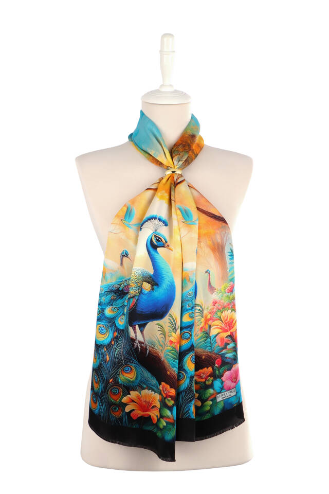Yellow Peacock Pattern Silk Scarf - 2