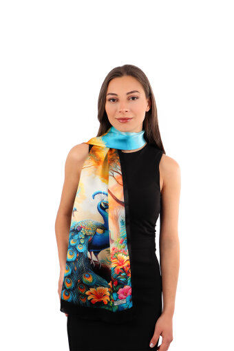 Yellow Peacock Pattern Silk Scarf 