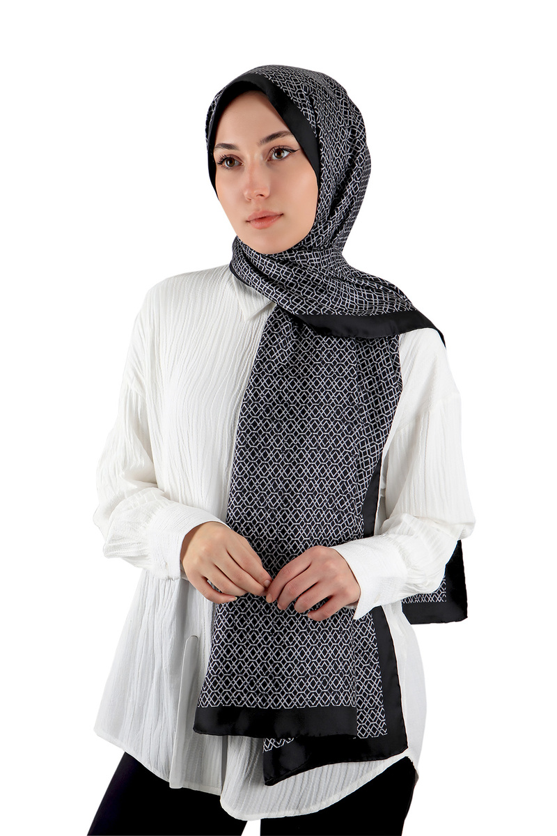Siyah Petek Desen Twill İpek Şal - 3